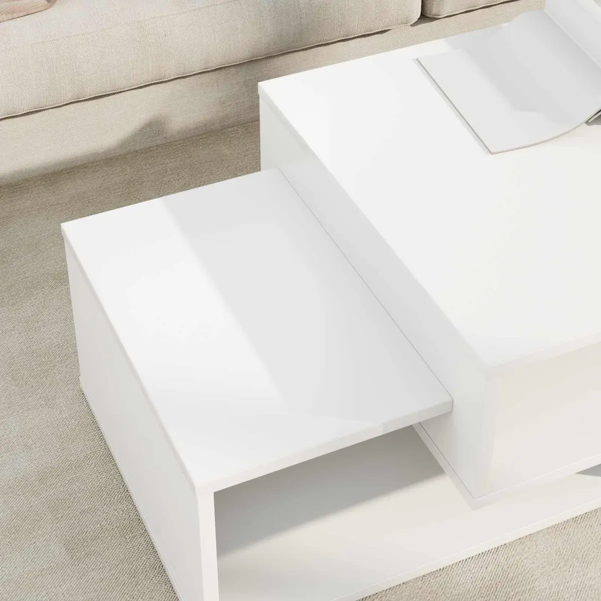 White Modern Coffee Table with Storage Shelves