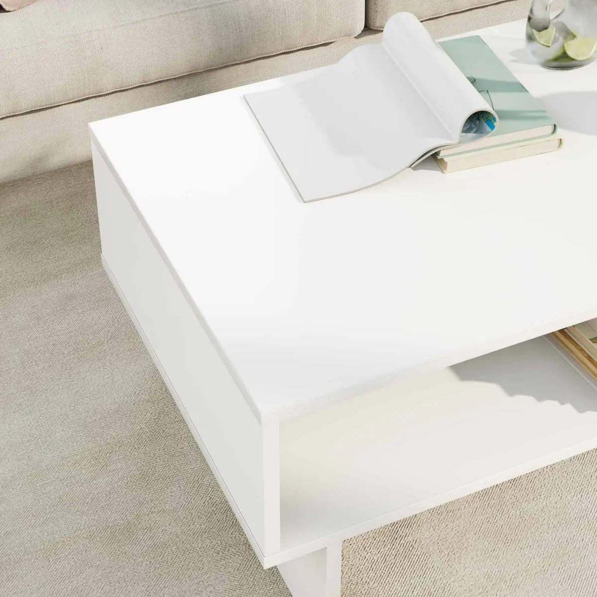 White Modern Coffee Table with Storage for Living Room