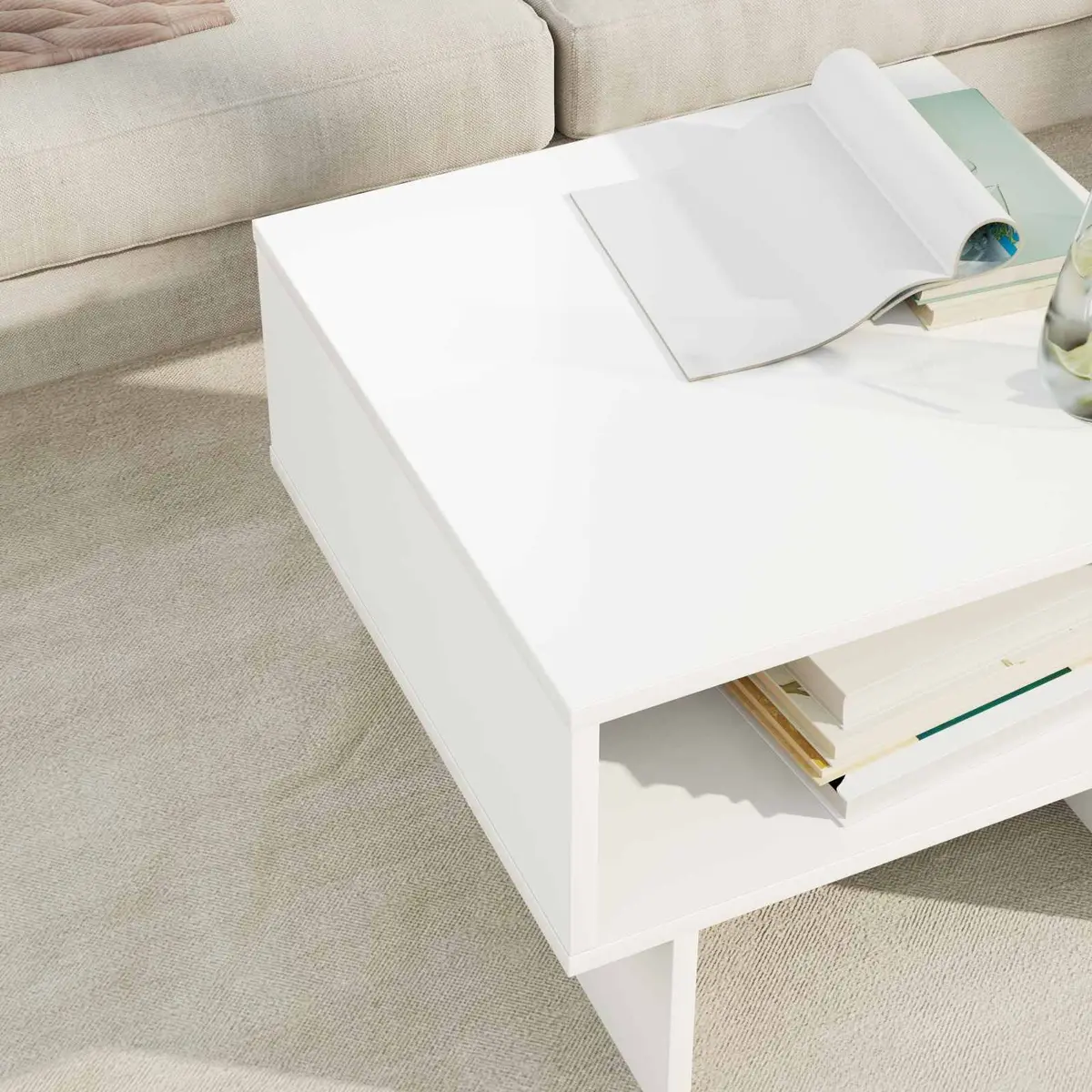 Coffee Table White Modern 48 x 46 x 35 cm Engineered Wood with Integrated Storage Shelves
