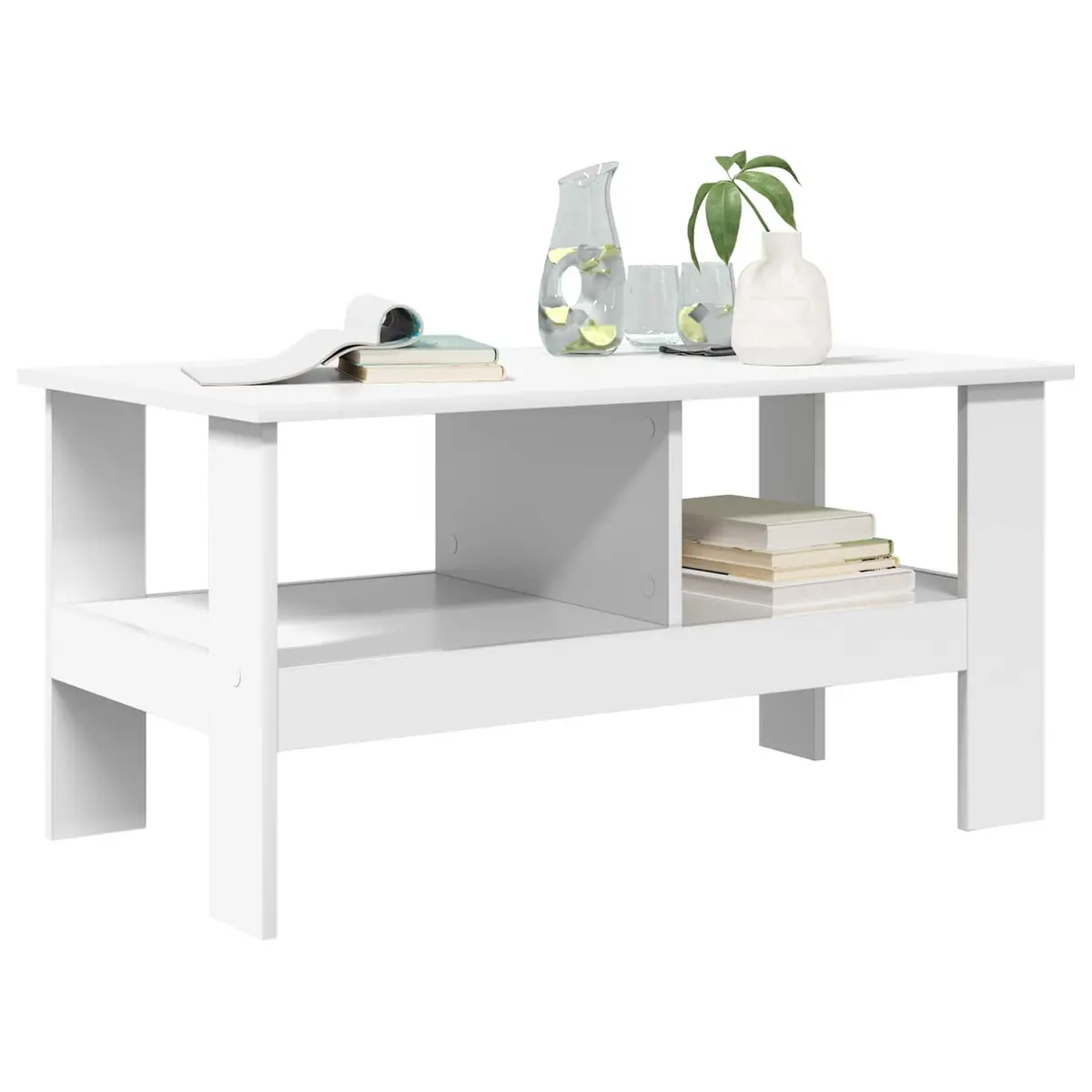 Coffee Table Modern White Engineered Wood Large Surface with Underneath Storage Shelves for Living Room