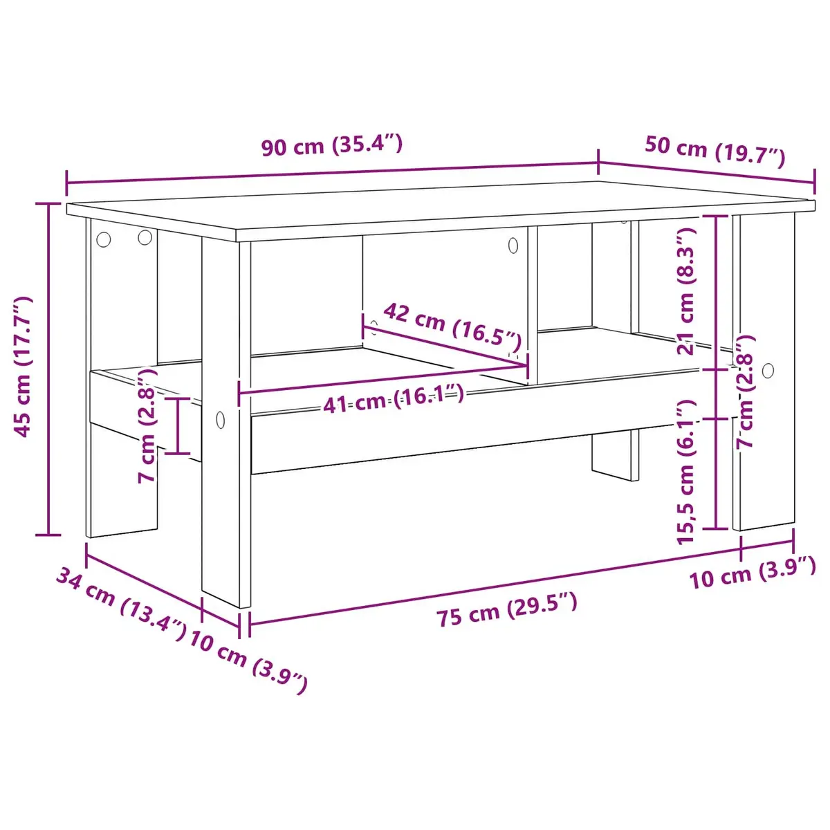 Coffee Table Modern White Engineered Wood Large Surface with Underneath Storage Shelves for Living Room