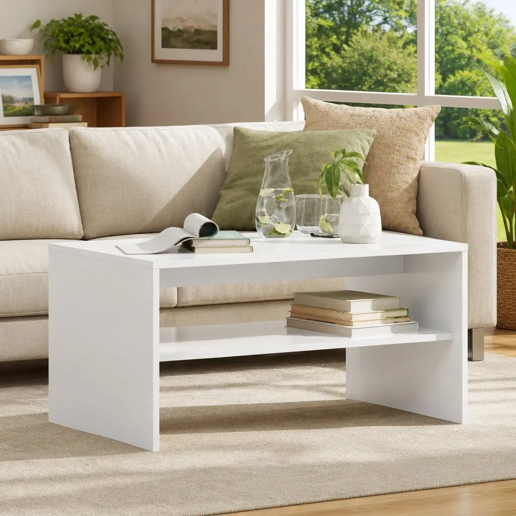 Coffee Table White Rectangular Modern Living Room Accent Furniture Storage