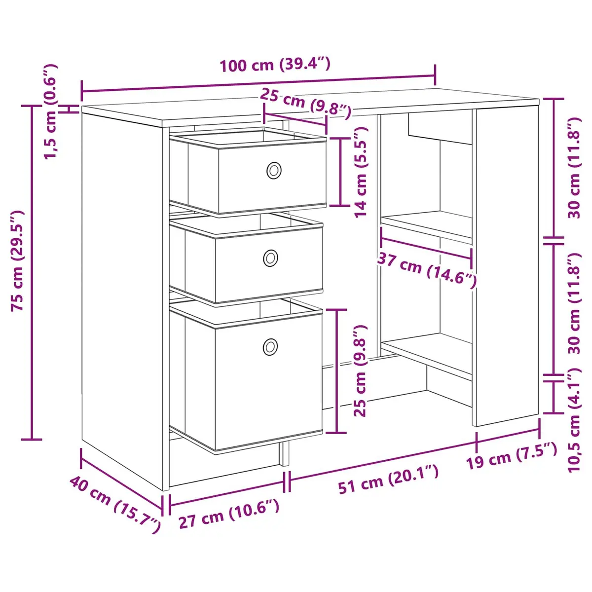 Black Oak Desk 100x40x75cm Engineered Wood Rectangular Office Study Writing
