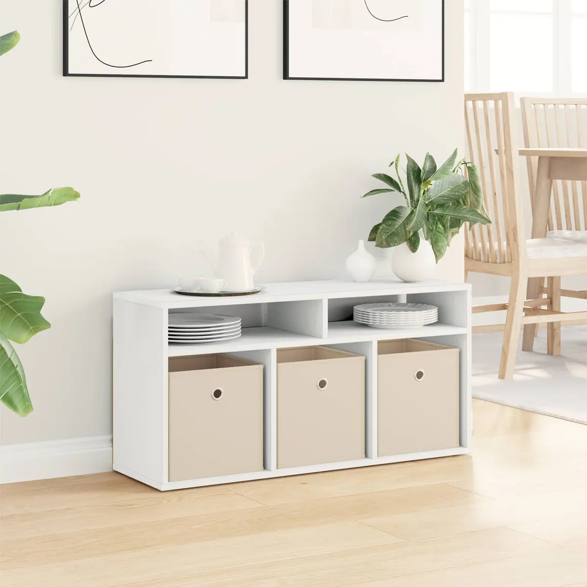 White Lowboard TV Unit with Drawer Modern Living Room Storage Organizer