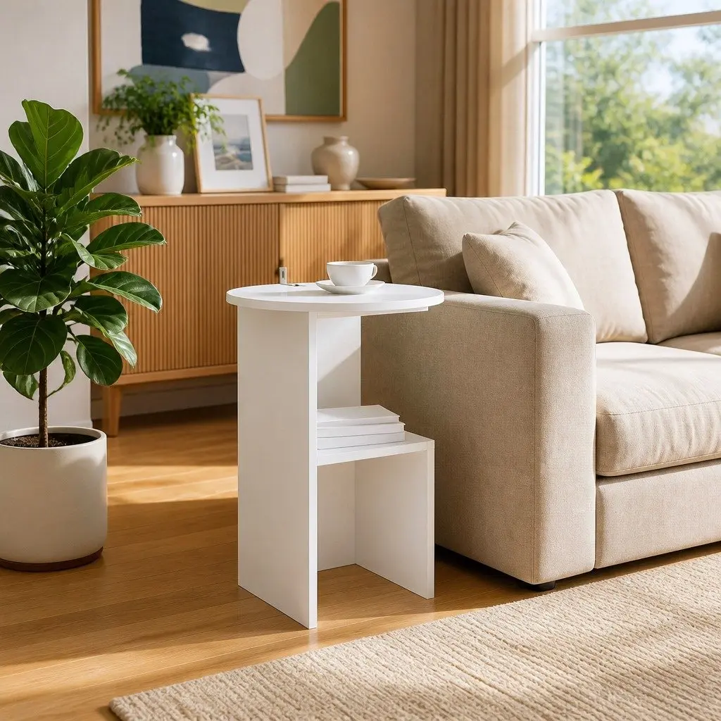 Side Table White Modern Accent Coffee Table 39.5 x 55 cm Engineered Wood