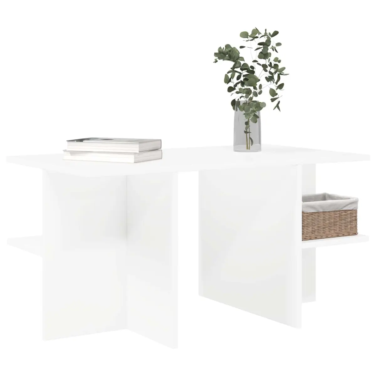 Coffee Table White Modern 87 x 50 x 45 cm Engineered Wood with Open Storage Shelves