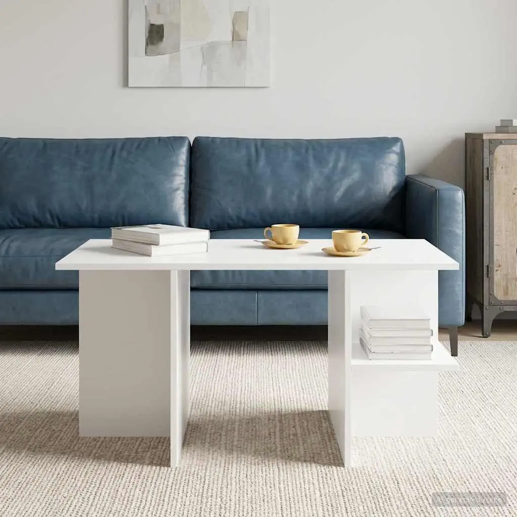 Coffee Table White Modern 87 x 50 x 45 cm Engineered Wood with Open Storage Shelves