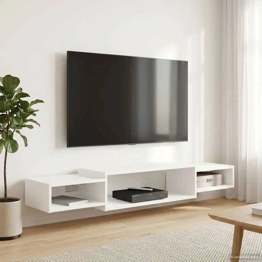 Wall-Mounted TV Cabinet Modern White 140x28x21cm Engineered Wood Floating Shelf Open Storage Unit