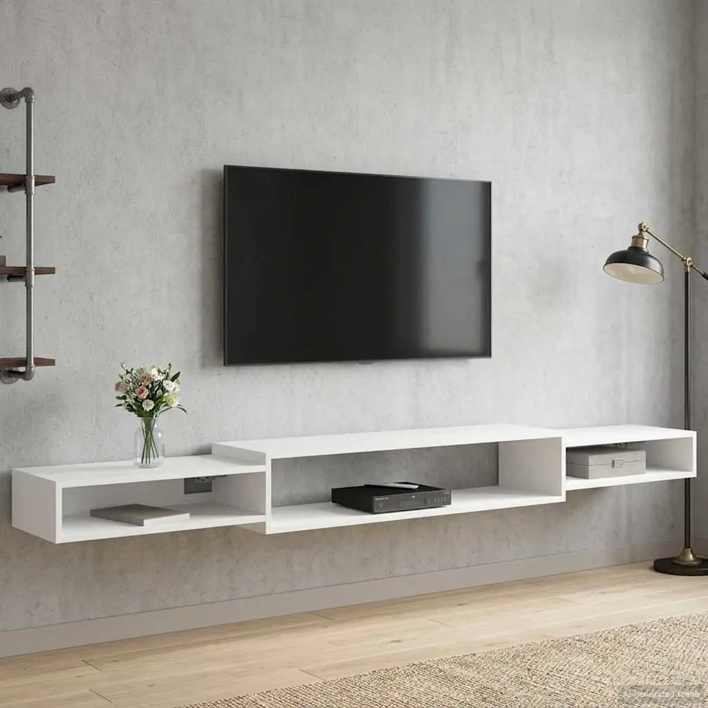 Wall-Mounted TV Cabinet White Open Storage Shelf 220x28x21cm Engineered Wood