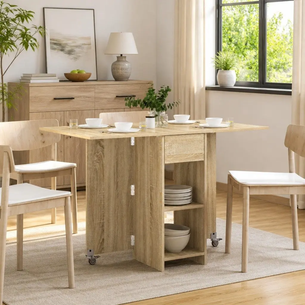 Folding Dining Table Sonoma Oak 115x70x75cm Engineered Wood with Storage Shelves