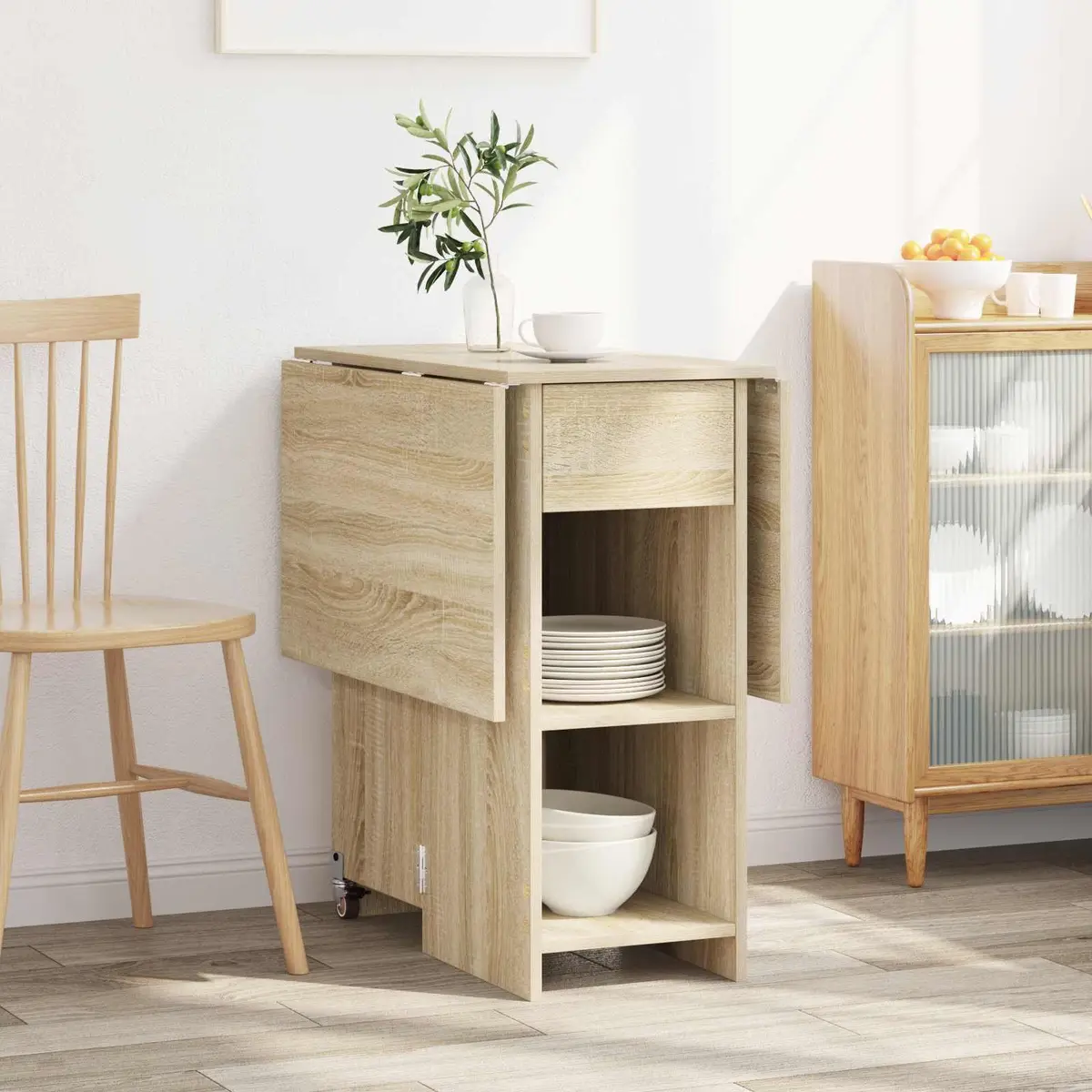 Folding Dining Table Sonoma Oak 115x70x75cm Engineered Wood with Storage Shelves