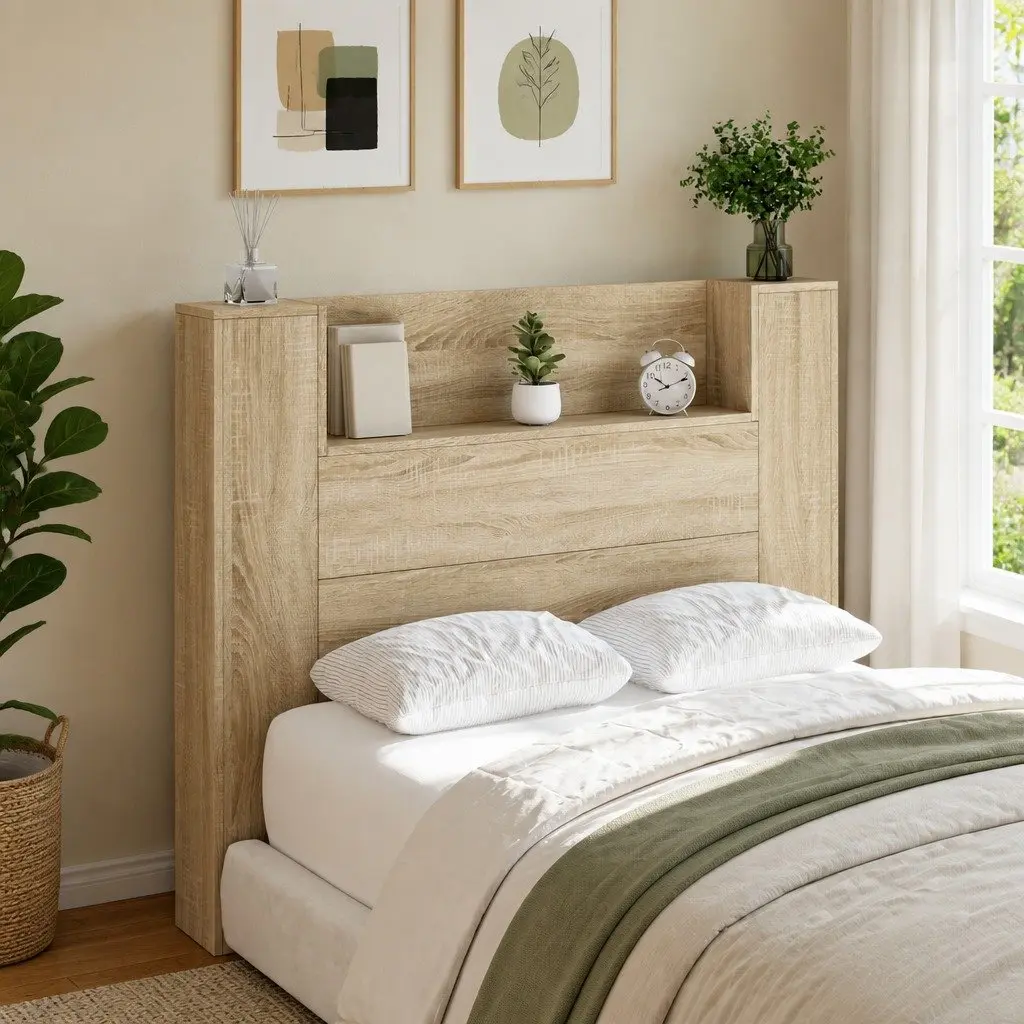 Wall-Mounted Headboard Cabinet with LED Lights in Tan