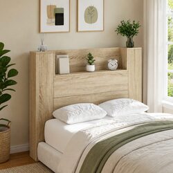 Wall-Mounted Headboard Cabinet with LED Lights in Tan
