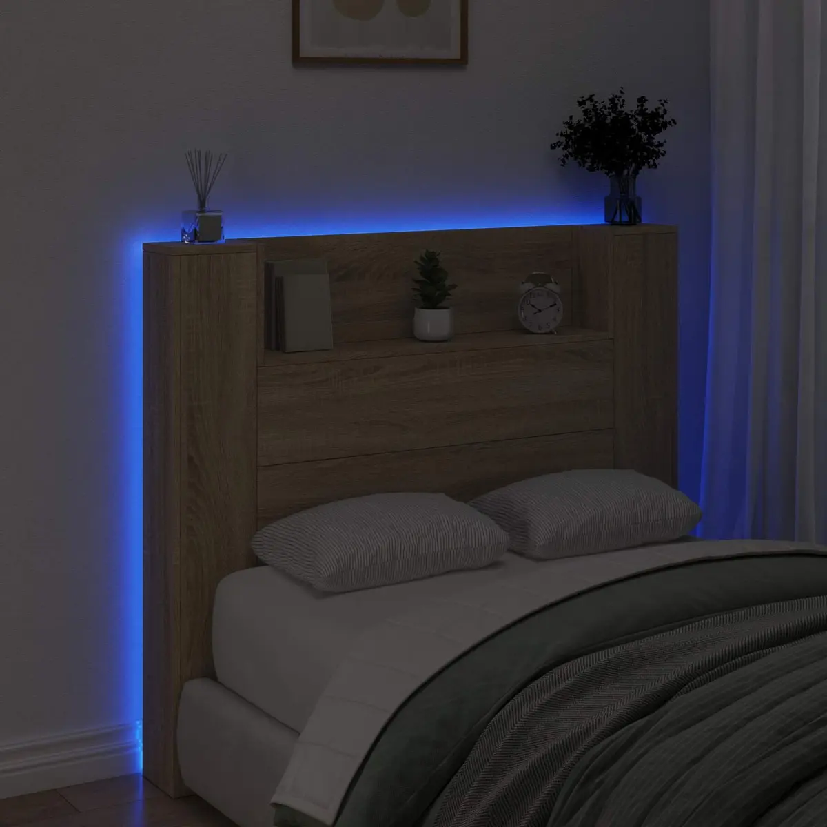 Wall-Mounted Headboard Cabinet with LED Lights in Tan