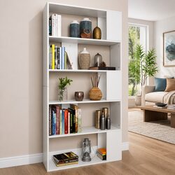 White Engineered Wood 5-Shelf Book Cabinet Room Divider