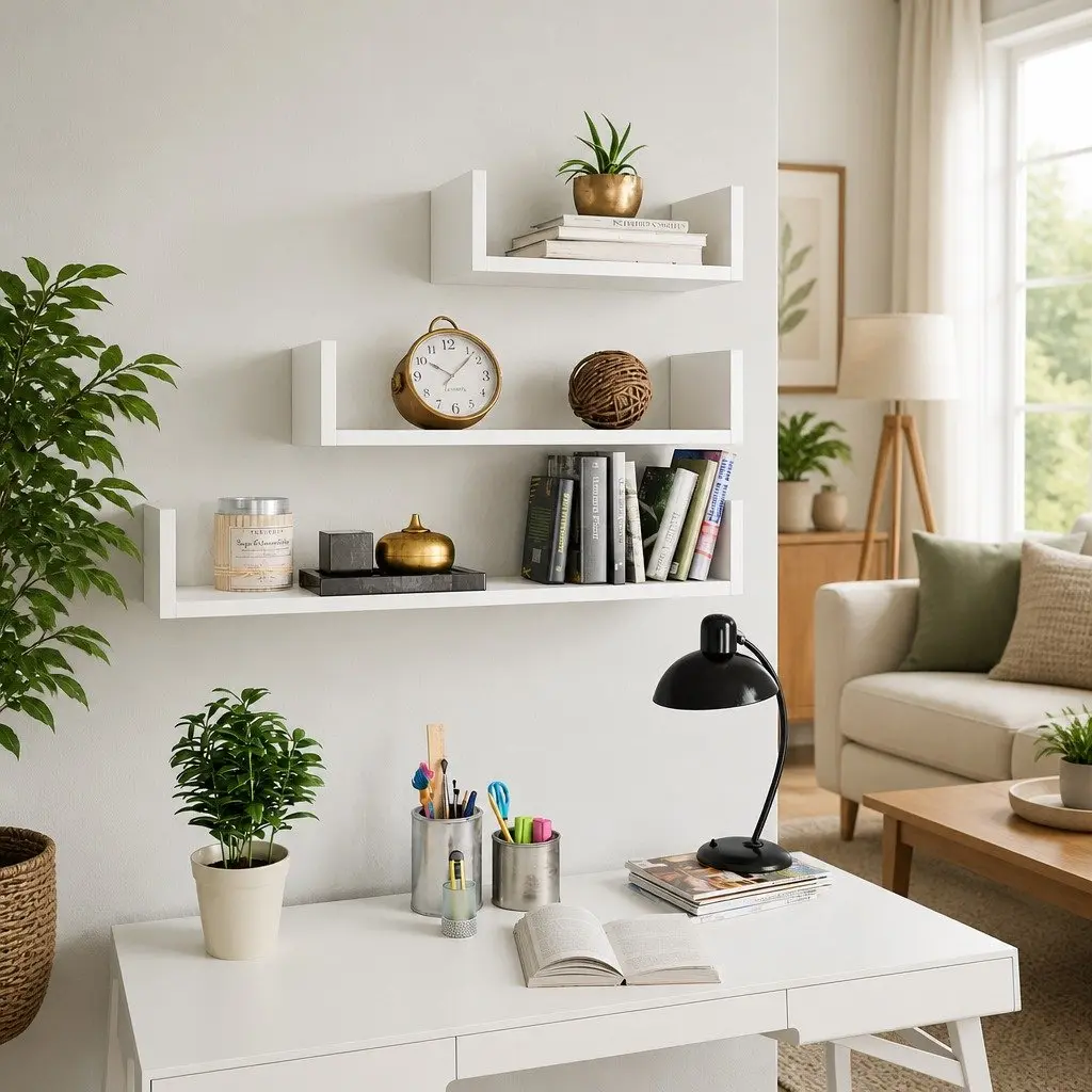 Wall Display Shelf U Shaped 3 Piece Set White Engineered Wood Floating Storage