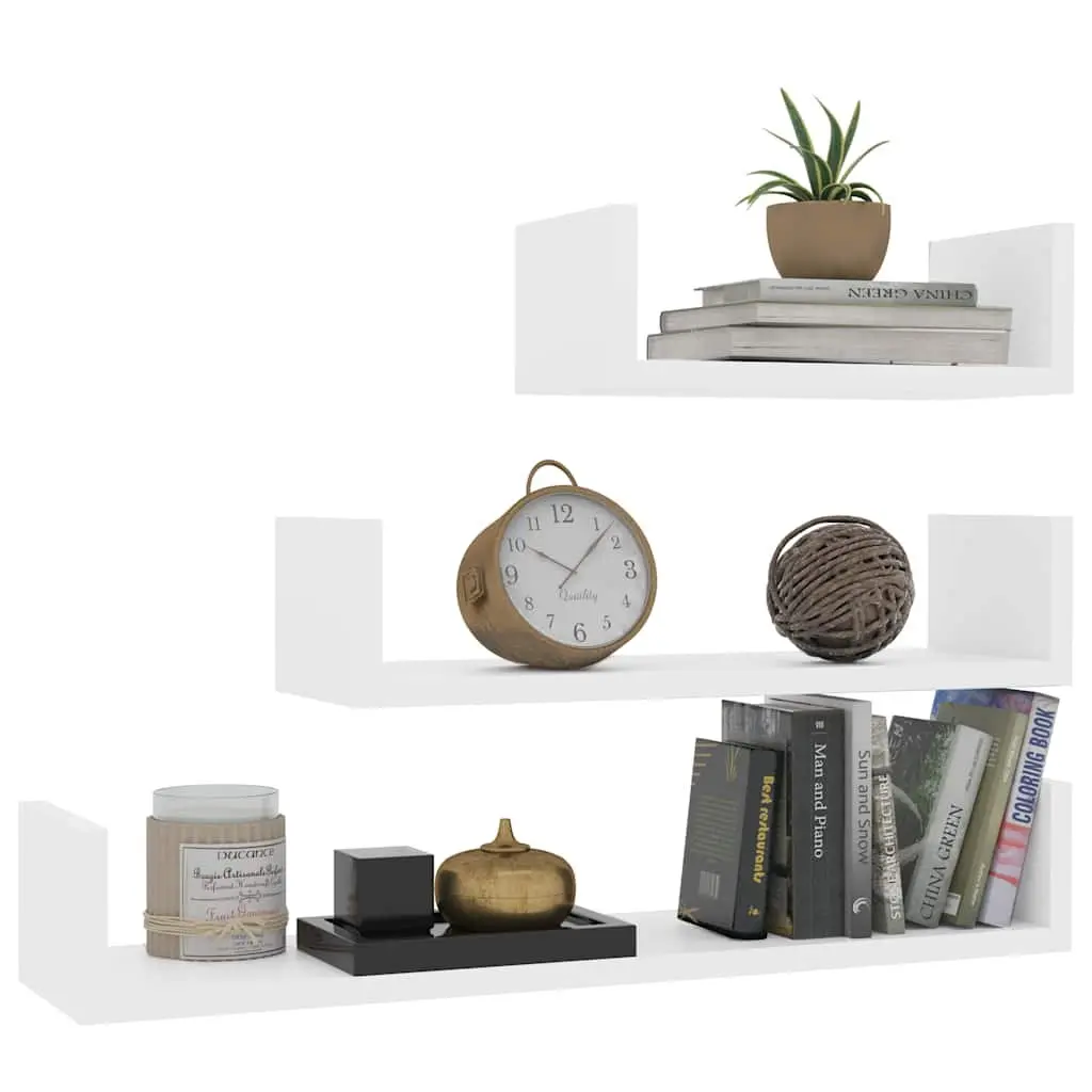 Wall Display Shelf U Shaped 3 Piece Set White Engineered Wood Floating Storage