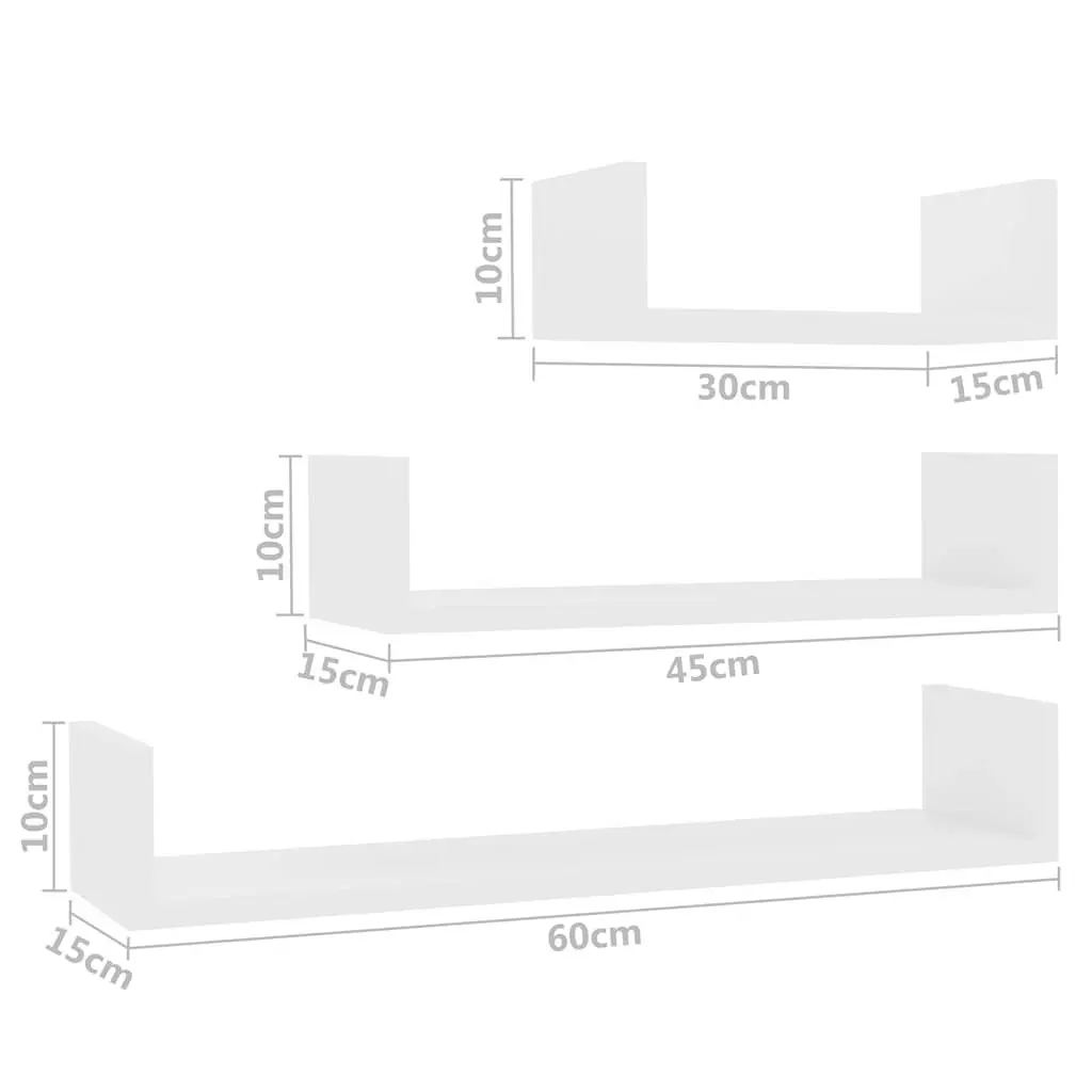 Wall Display Shelf U Shaped 3 Piece Set White Engineered Wood Floating Storage