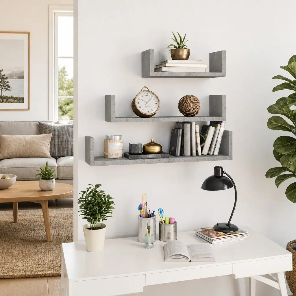 Wall Display Shelf Set Grey U-Shaped 3 Pieces Engineered Wood Storage Shelves