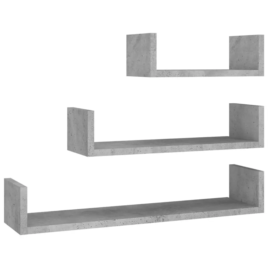Wall Display Shelf Set Grey U-Shaped 3 Pieces Engineered Wood Storage Shelves