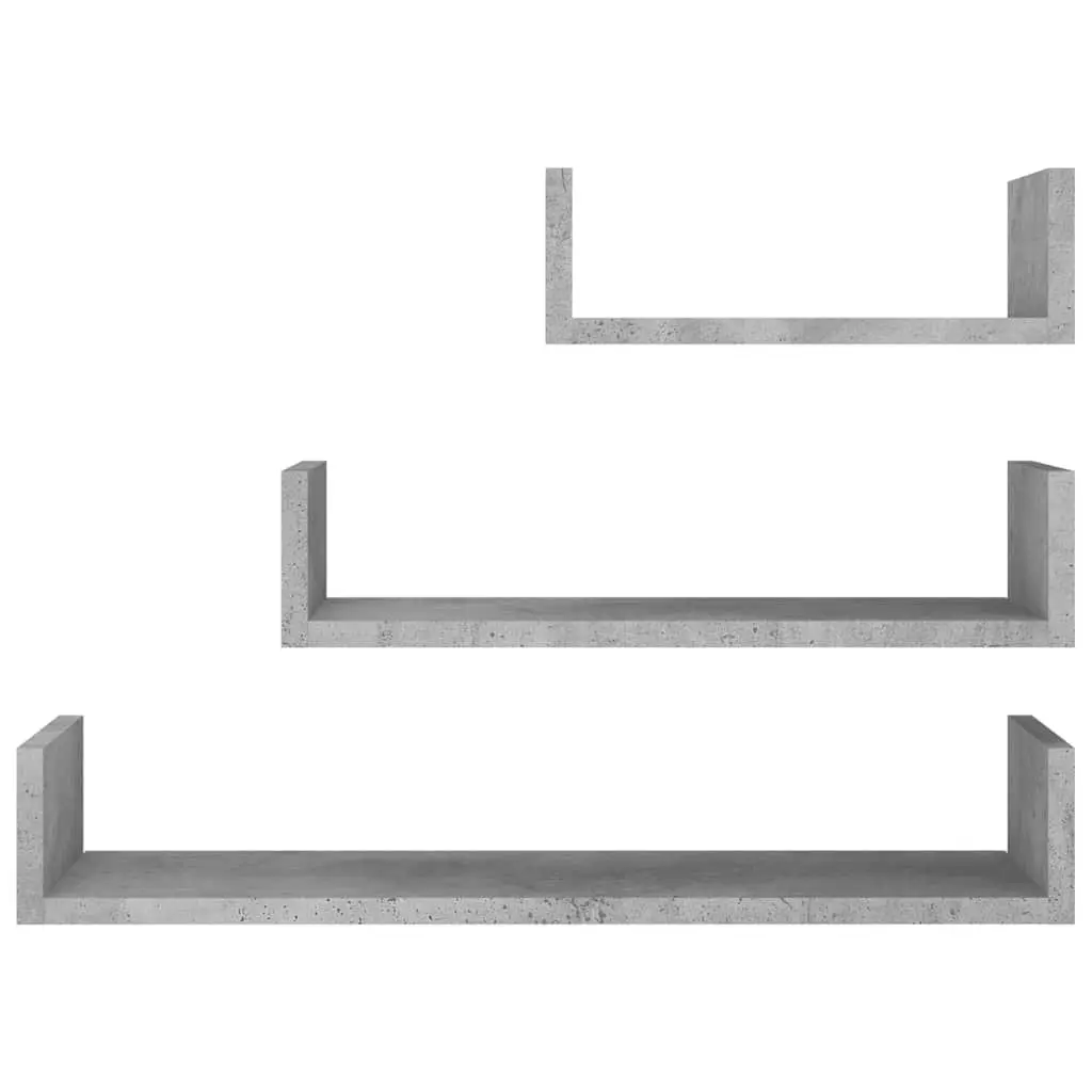 Wall Display Shelf Set Grey U-Shaped 3 Pieces Engineered Wood Storage Shelves