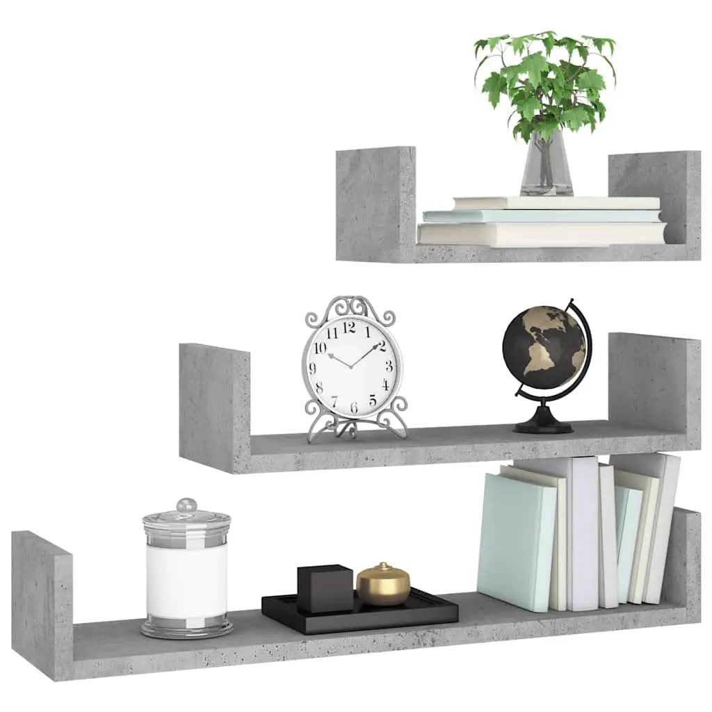 Wall Display Shelf Set Grey U-Shaped 3 Pieces Engineered Wood Storage Shelves
