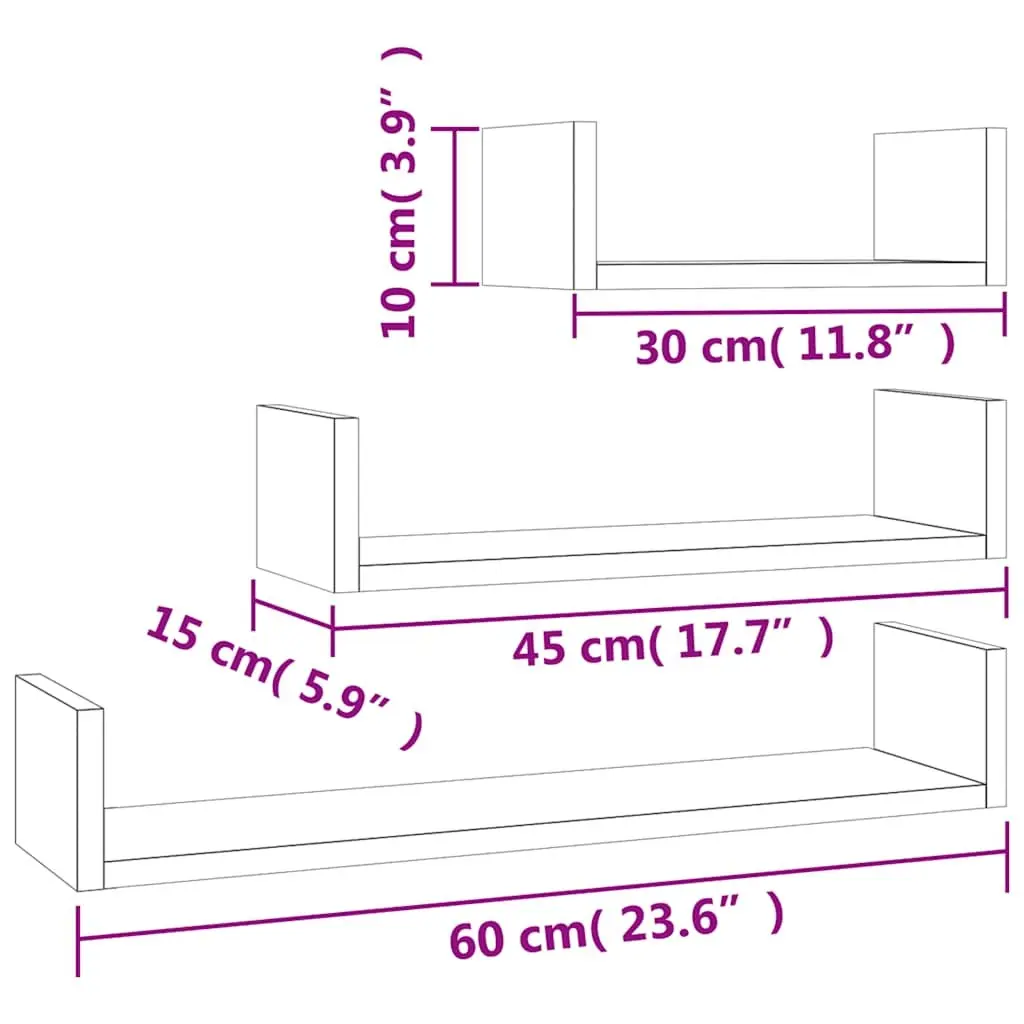 Wall Display Shelf Set Grey U-Shaped 3 Pieces Engineered Wood Storage Shelves