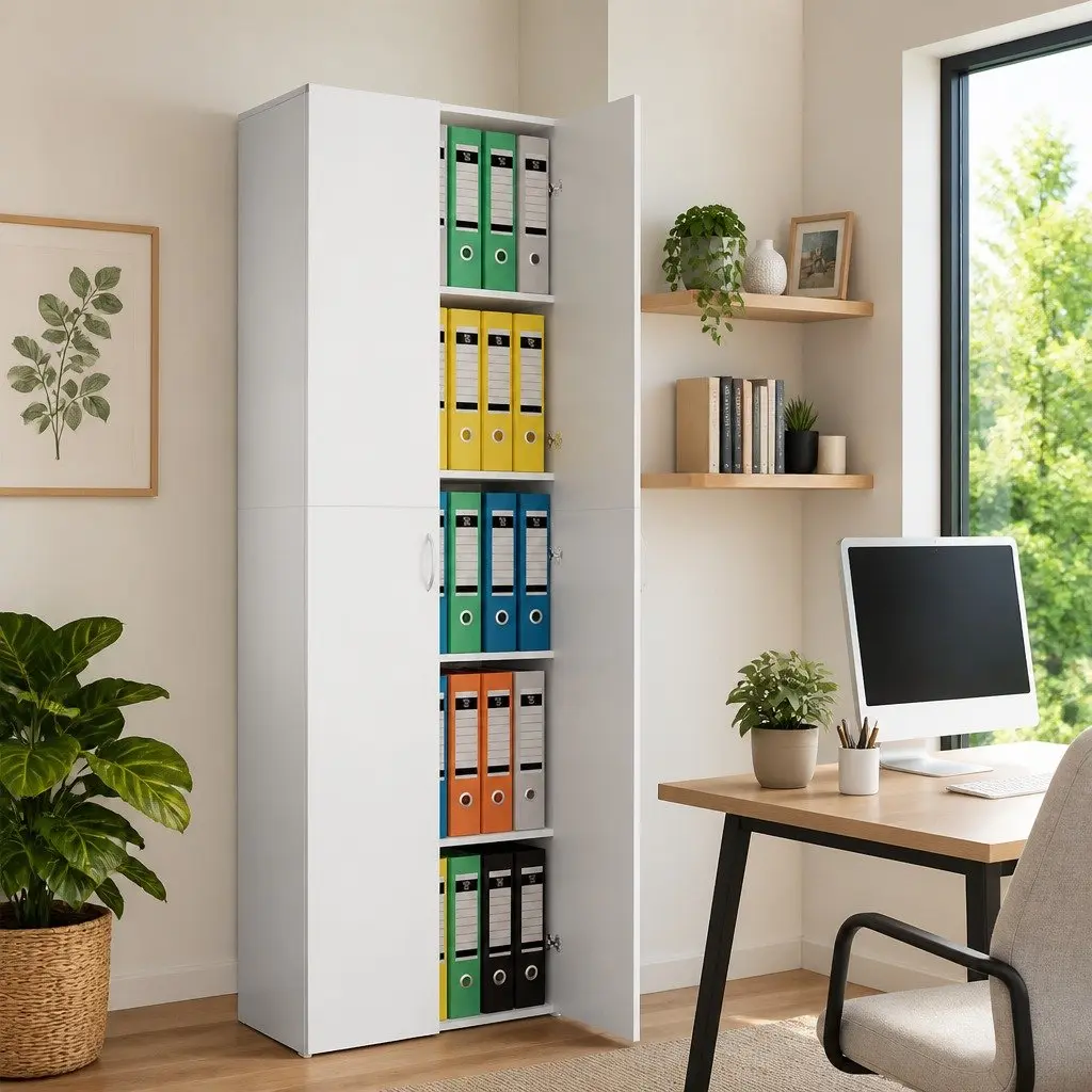 White Office Filing Cabinet 60x32x190cm with 5 Shelves