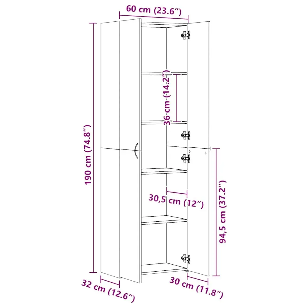 White Office Filing Cabinet 60x32x190cm with 5 Shelves