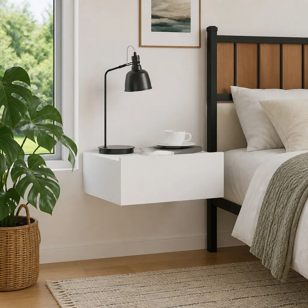 Floating Nightstand White Wall-Mounted Compact Engineered Wood