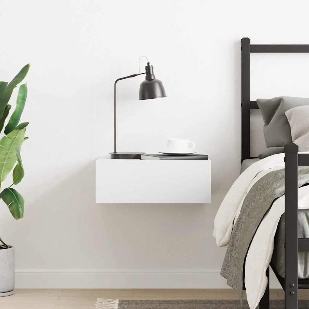 Floating Nightstand White Wall-Mounted Compact Engineered Wood