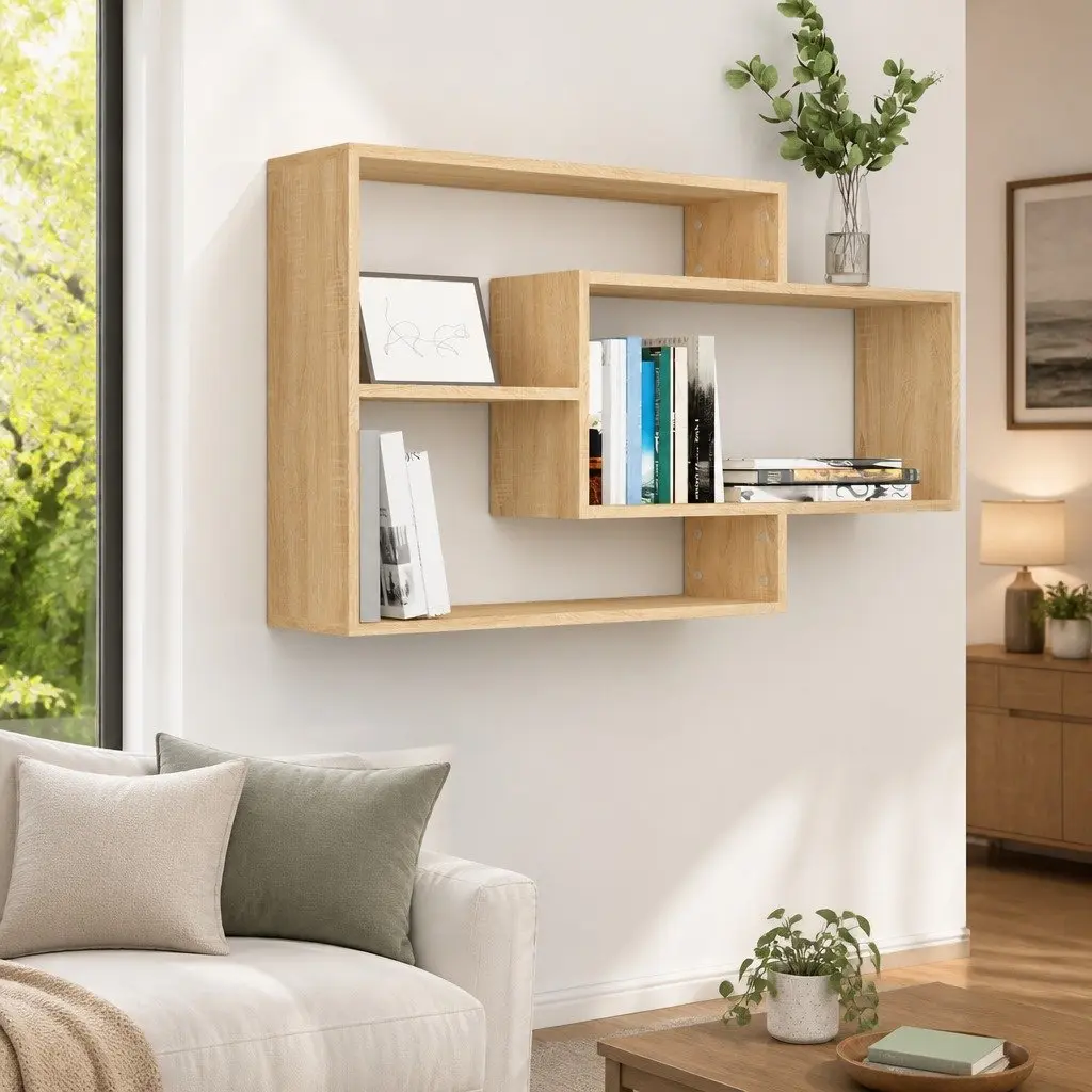 Brown Engineered Wood Wall Shelves with 3 Compartments