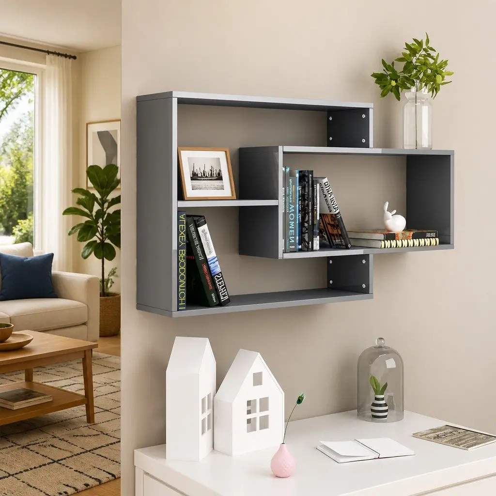 Wall Shelves Grey High Gloss 3 Compartment Engineered Wood Storage Display Unit