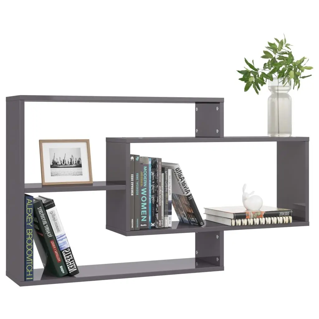 Wall Shelves Grey High Gloss 3 Compartment Engineered Wood Storage Display Unit