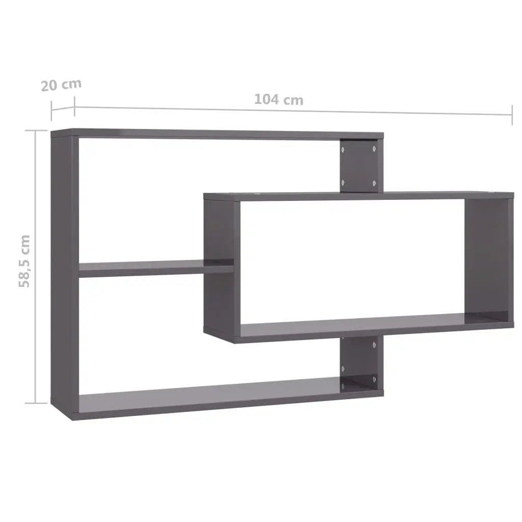 Wall Shelves Grey High Gloss 3 Compartment Engineered Wood Storage Display Unit