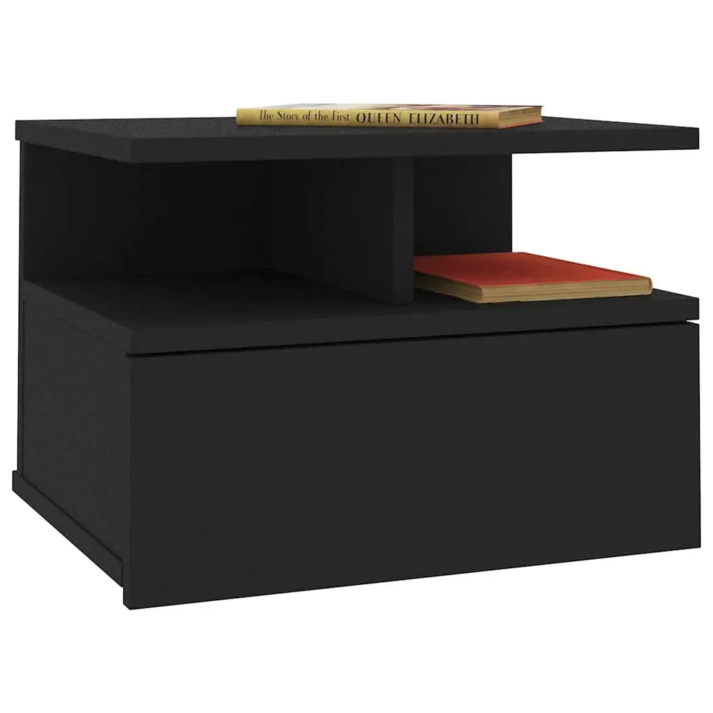 Floating Nightstand Wall-Mounted Black Engineered Wood Storage Cabinet Shelf