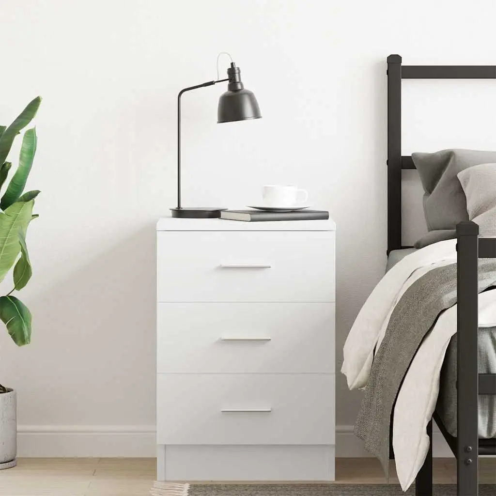 Bedside Table White 3 Drawer Engineered Wood Nightstand