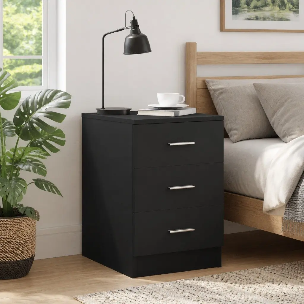 Bedside Cabinet Black 3 Drawers Engineered Wood Nightstand