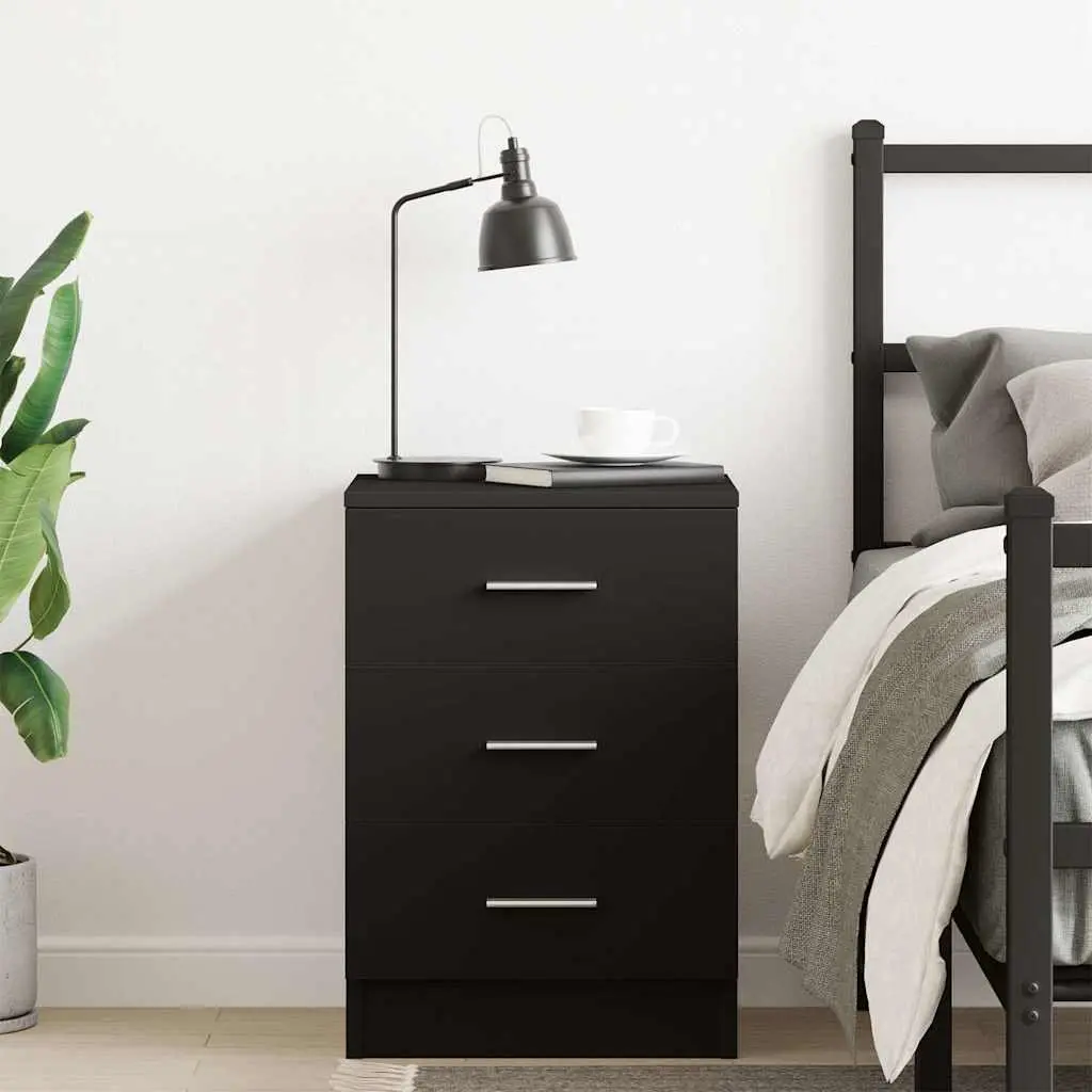 Bedside Cabinet Black 3 Drawers Engineered Wood Nightstand