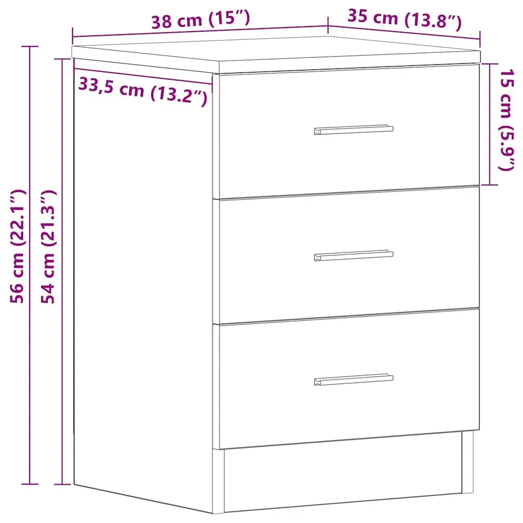 Bedside Cabinet Black 3 Drawers Engineered Wood Nightstand