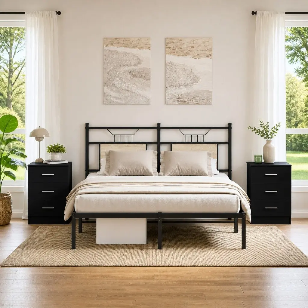 Bedside Cabinets Black Nightstand 2 Piece Storage Drawers Engineered Wood