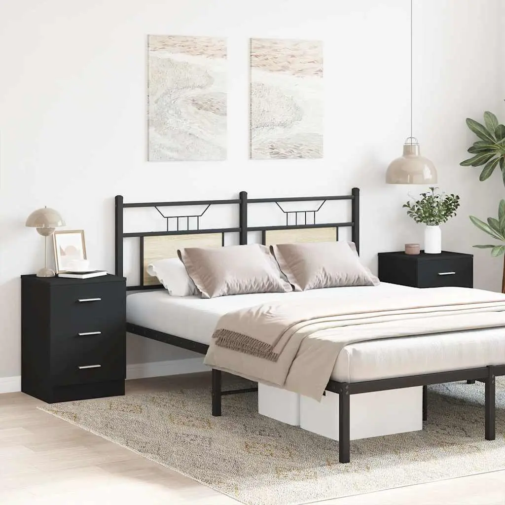 Bedside Cabinets Black Nightstand 2 Piece Storage Drawers Engineered Wood