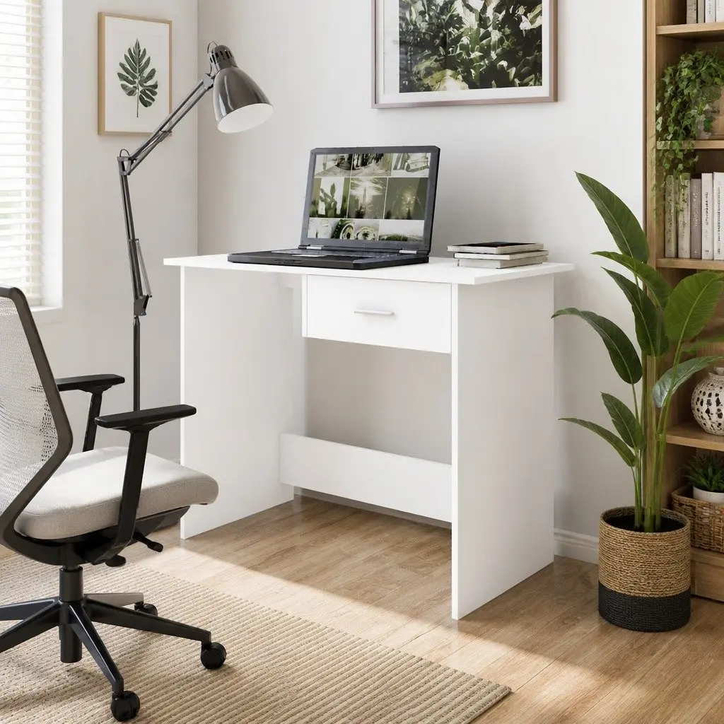 Office Desk White Modern 100cm Engineered Wood with Drawer