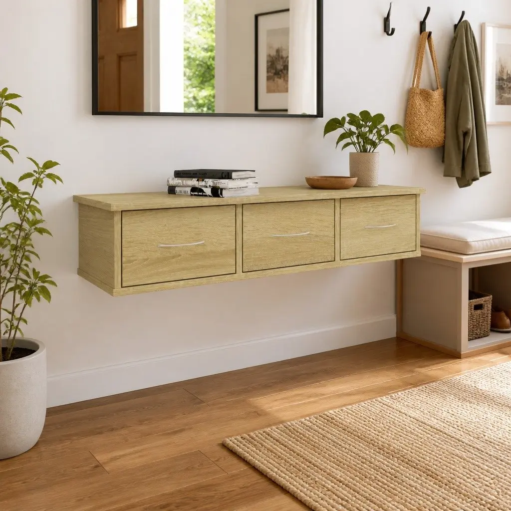 Wall-mounted Drawer Shelf Floating Storage Cabinet 3 Drawers Brown Engineered Wood