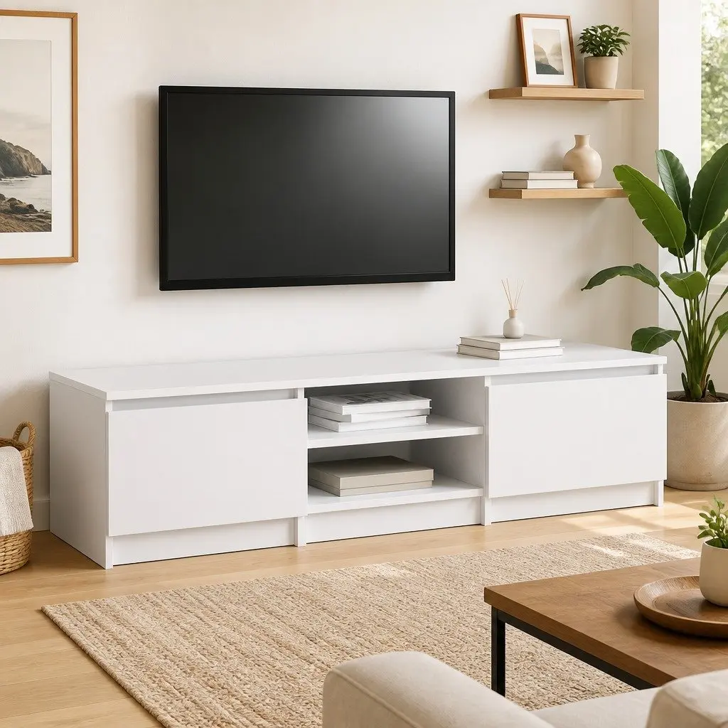TV Cabinet White 140x40x35.5 cm Engineered Wood with Doors Open Compartments Storage Unit