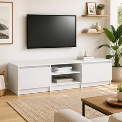 Elegant White TV Cabinet with Doors and Open Compartments