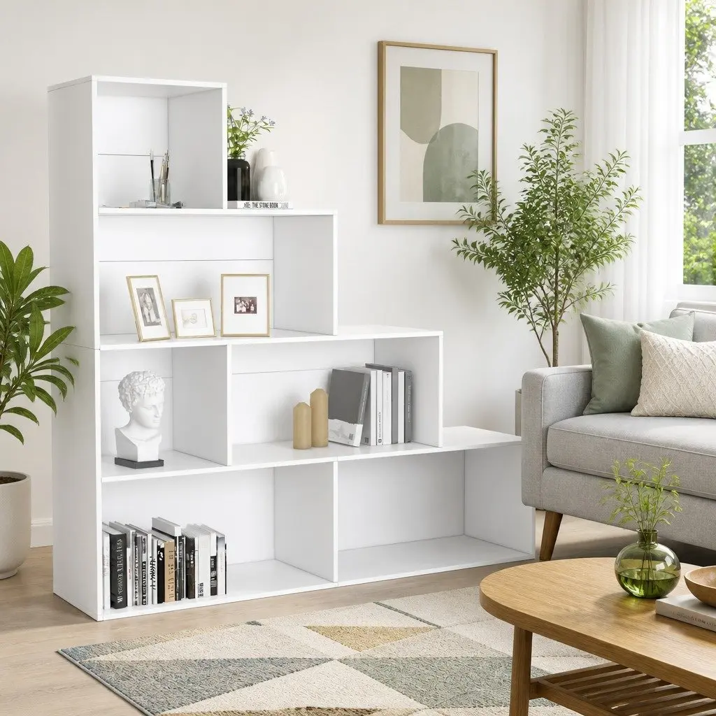 White Book Cabinet Room Divider with 6 Open Shelves