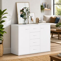 White Sideboard Storage Cabinet with 4 Drawers and 2 Doors