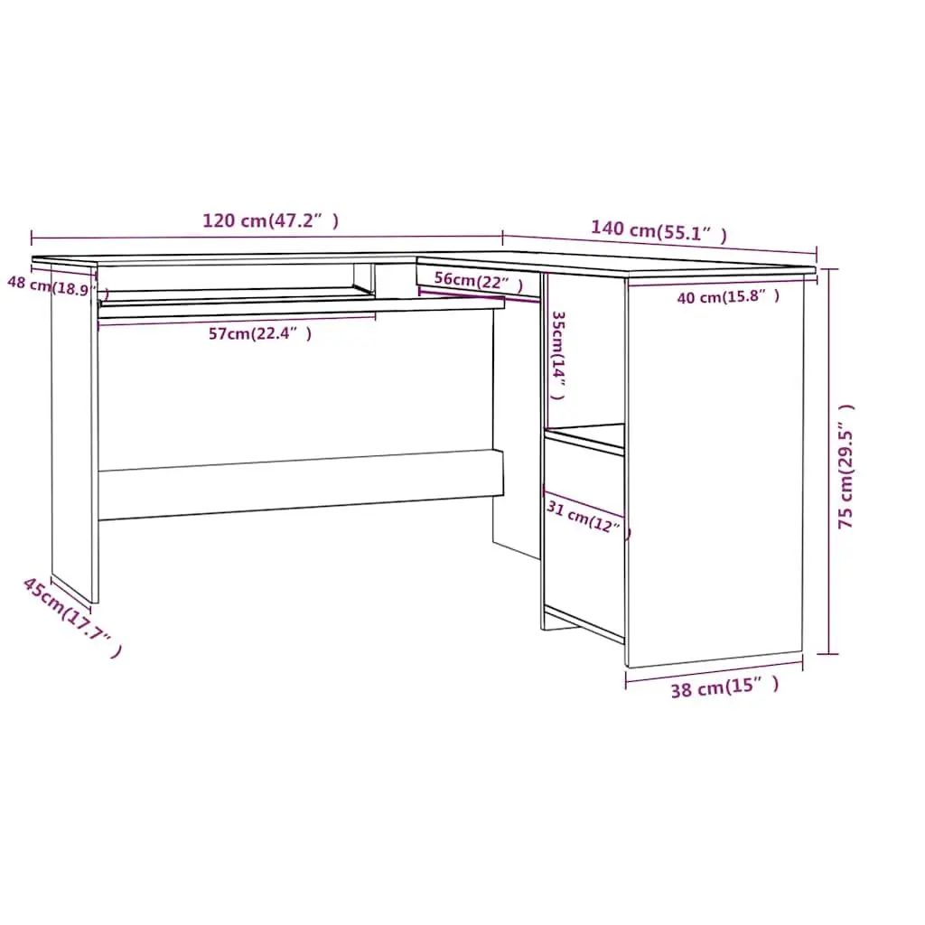 L-Shaped Corner Desk Grey Modern Office Workstation Engineered Wood 120W x 140D x 75H cm