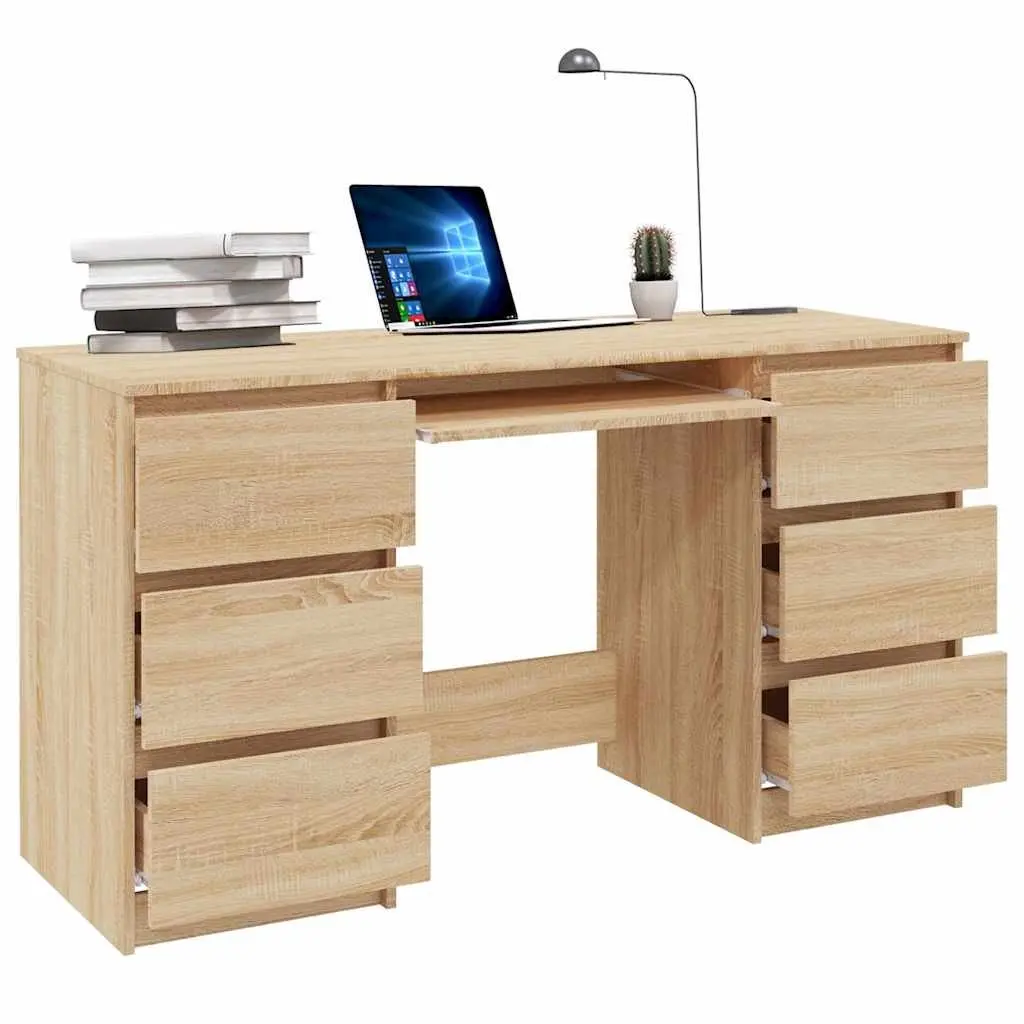 Writing Desk Brown 140 x 50 x 77 cm Engineered Wood 6 Drawers Office Workstation Study Table
